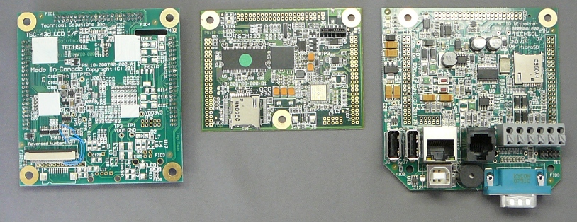 A 3-board set of, from left to right: a TSC‑43D (LC) Display Interface Board; a TSCM233; and a TSC‑IO‑1Ethernet